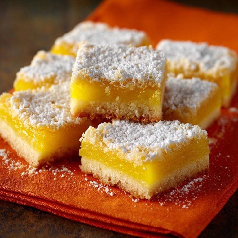Classic lemon bars with a firm, sliceable filling, dusted generously with powdered sugar on an orange napkin.