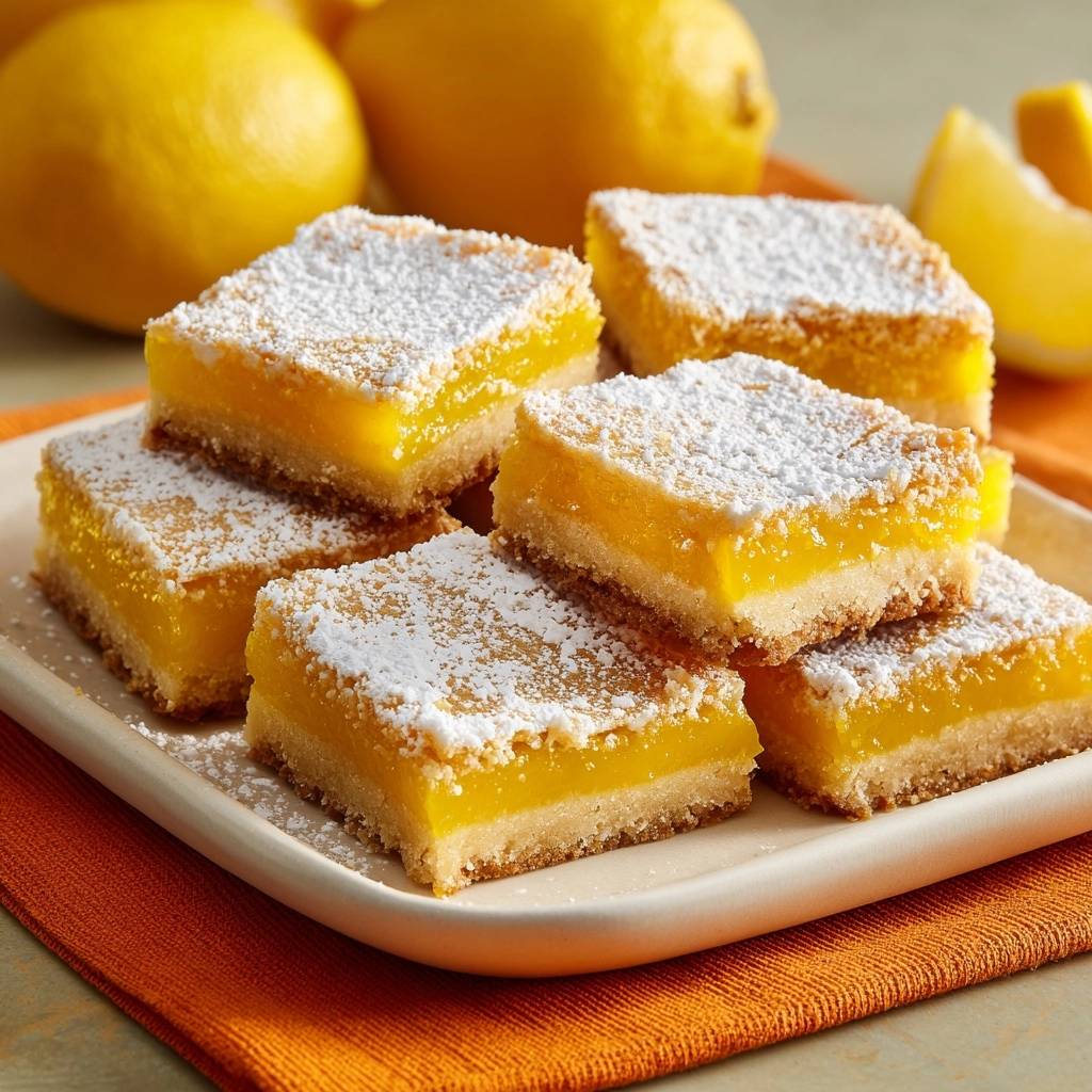 Classic lemon bars with firm, sliceable filling stacked on a white plate with powdered sugar topping.