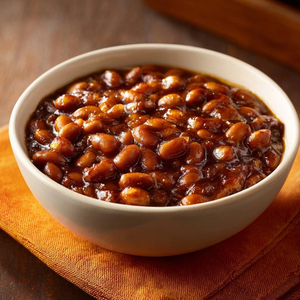 Classic sticky baked beans served in a white bowl, showcasing the rich, glossy sauce and tender beans up close.