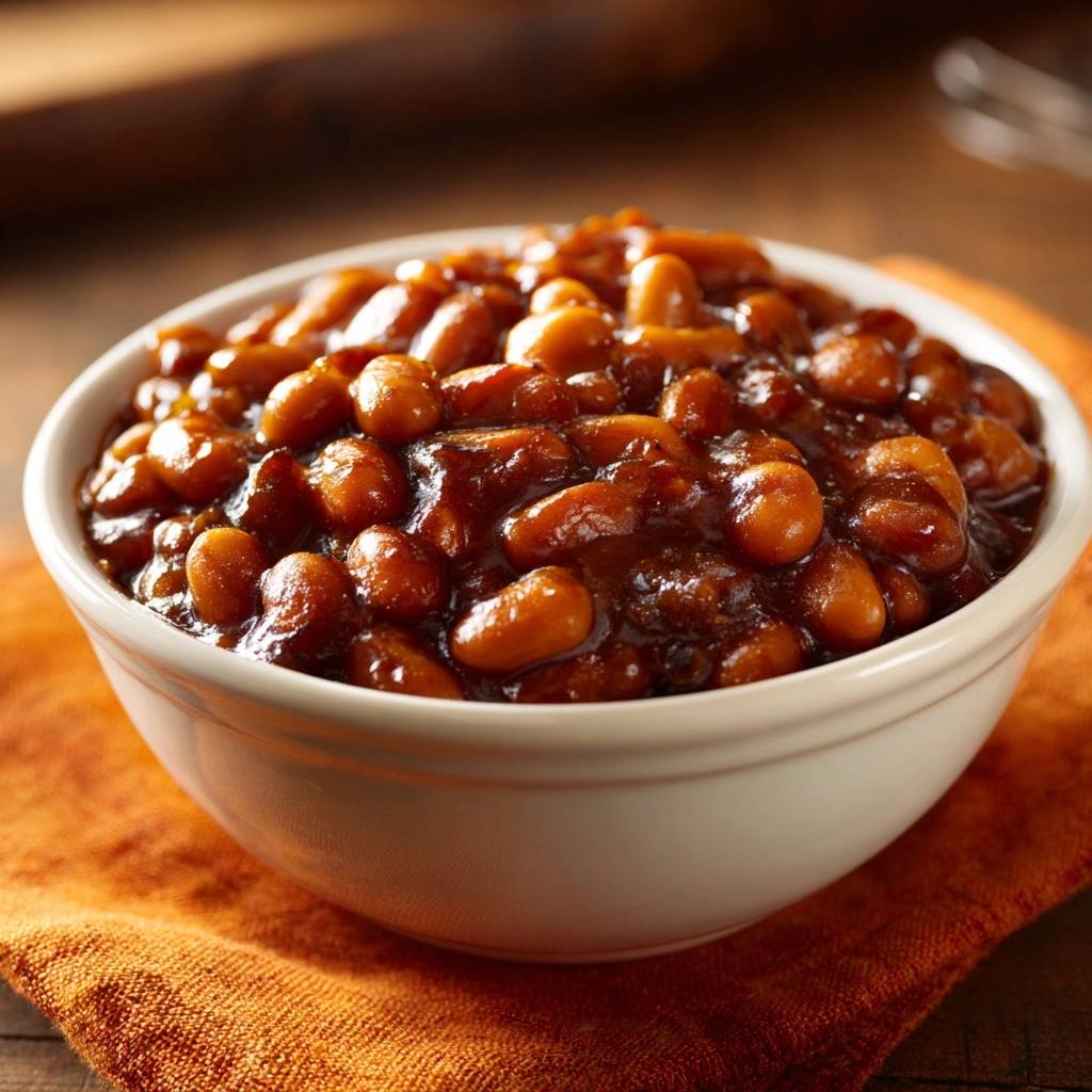 Classic sticky baked beans served in a white bowl, showing the rich glaze and texture up close.