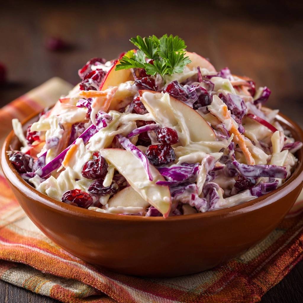 Cranberry apple coleslaw in a brown bowl, showcasing a close-up view of its fresh ingredients and creamy dressing.