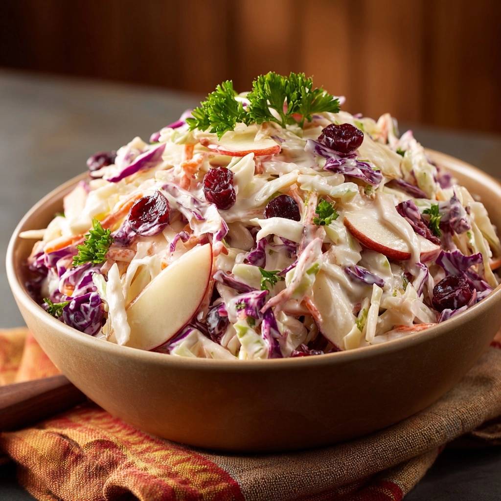 Cranberry apple coleslaw in a bowl, showing fresh parsley garnish and a close-up view of the creamy dressing mixed with apples and dried cranberries.