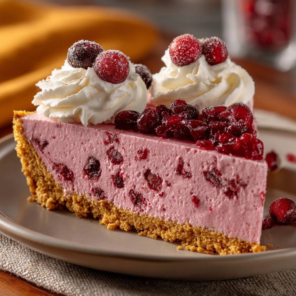 Cranberry cheesecake slice garnished with whipped cream, sugared cranberries, and a cranberry topping.