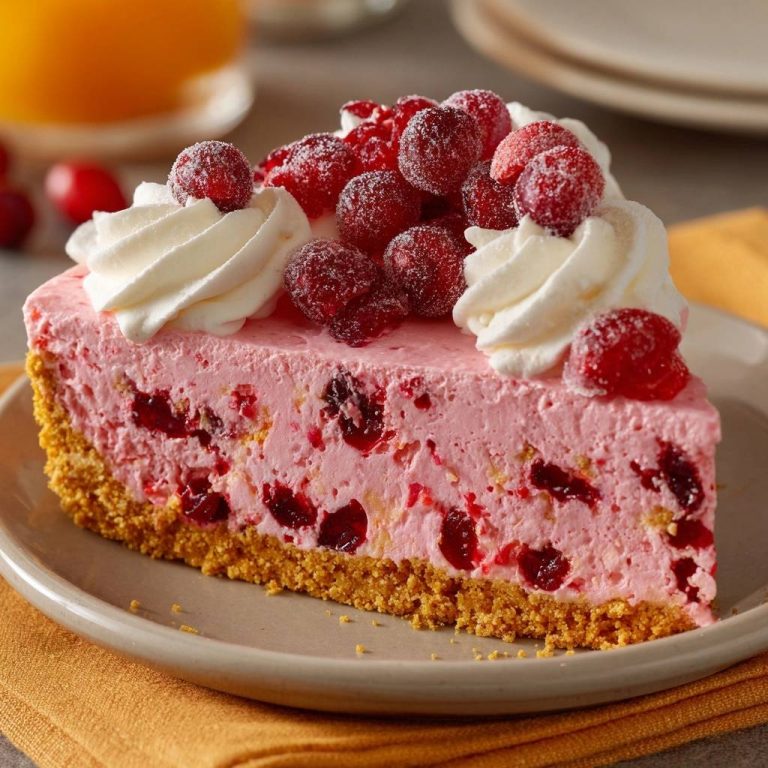 Cranberry cheesecake slice garnished with whipped cream and sugared cranberries on a plate.