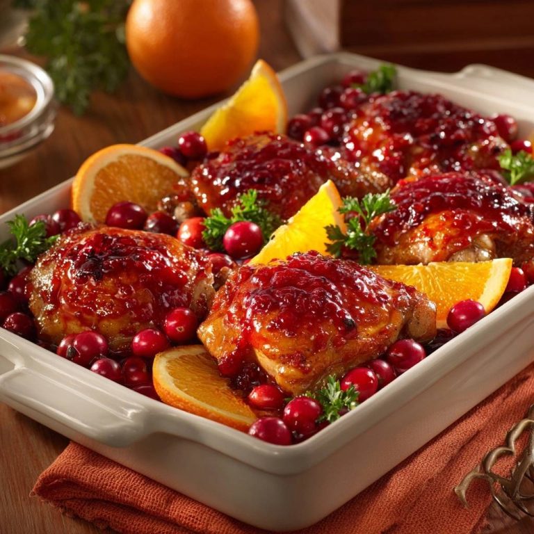 Cranberry orange baked chicken thighs glistening in a white baking dish with fresh cranberries and orange slices.