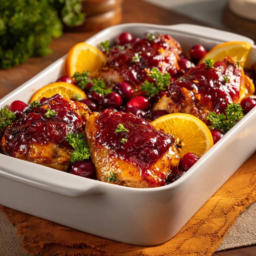 Cranberry orange baked chicken thighs glistening in a white baking dish with fresh cranberries and orange slices.