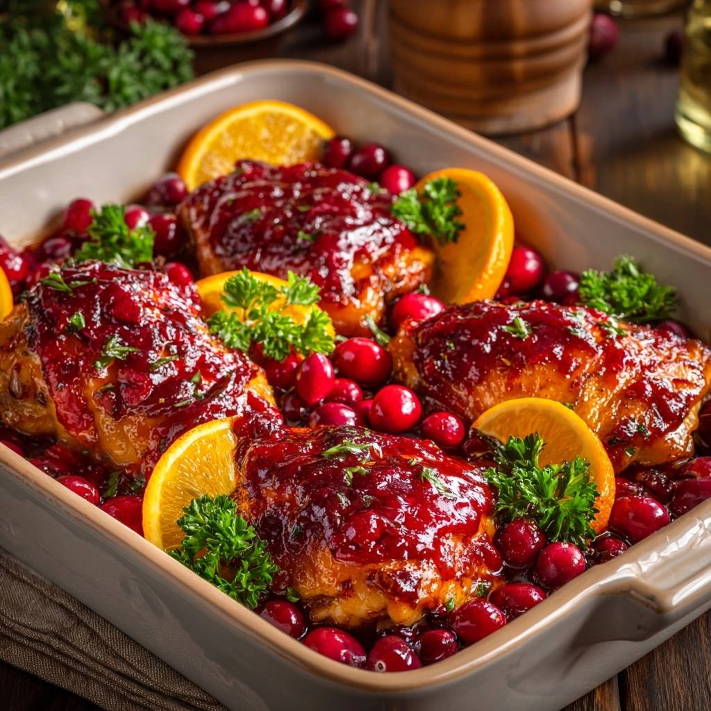 Cranberry orange glazed chicken thighs served in a baking dish with fresh cranberries and orange slices.