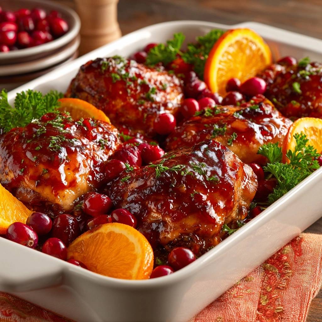 Cranberry orange glazed chicken thighs presented in a white baking dish with fresh cranberries and orange slices.