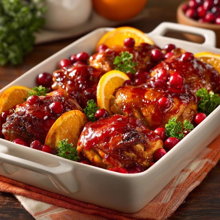Cranberry orange glazed chicken thighs served in a white baking dish, garnished with fresh cranberries and orange slices.