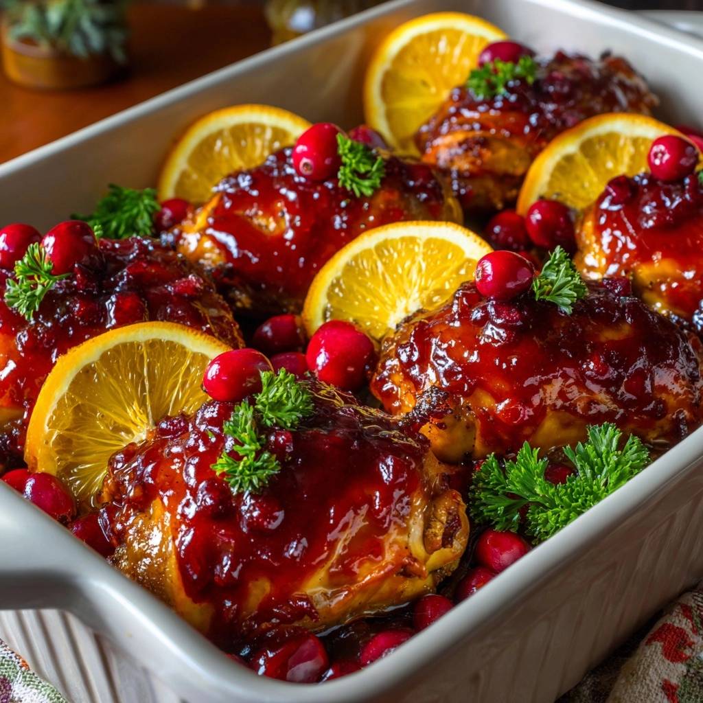 Cranberry orange glazed chicken thighs beautifully arranged in a white baking dish with orange slices and fresh cranberries.