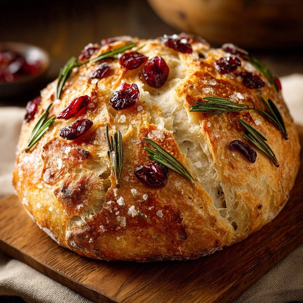 Cranberry rosemary artisan bread with a rustic crust, sprinkled with coarse salt and garnished with fresh rosemary sprigs and dried cranberries.