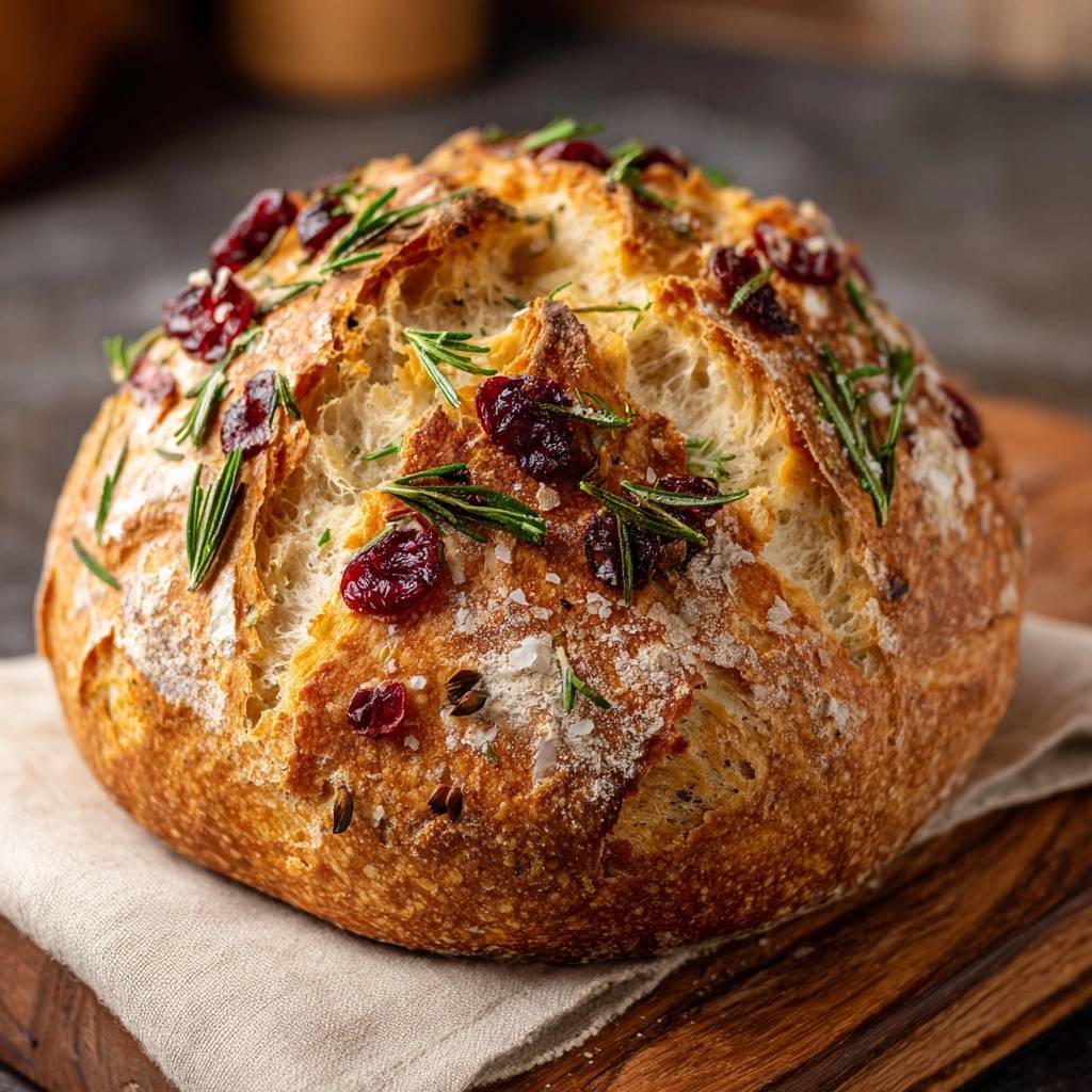 Cranberry rosemary artisan bread, a whole rustic loaf topped with fresh rosemary and dried cranberries, shown from a slightly elevated side angle.