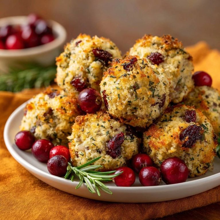 Cranberry rosemary stuffing balls close-up pile on a white plate with fresh cranberries and rosemary garnish.