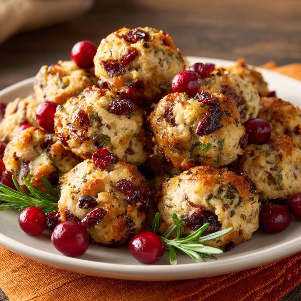Cranberry rosemary stuffing balls are piled high on a white plate with fresh cranberries and rosemary sprigs.