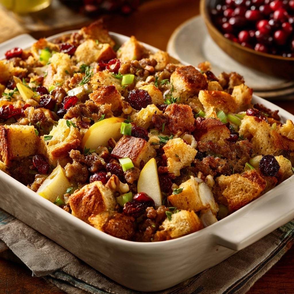 Cranberry sausage stuffing in a white baking dish, showing a close-up view of the moist bread, sausage, and fruit.