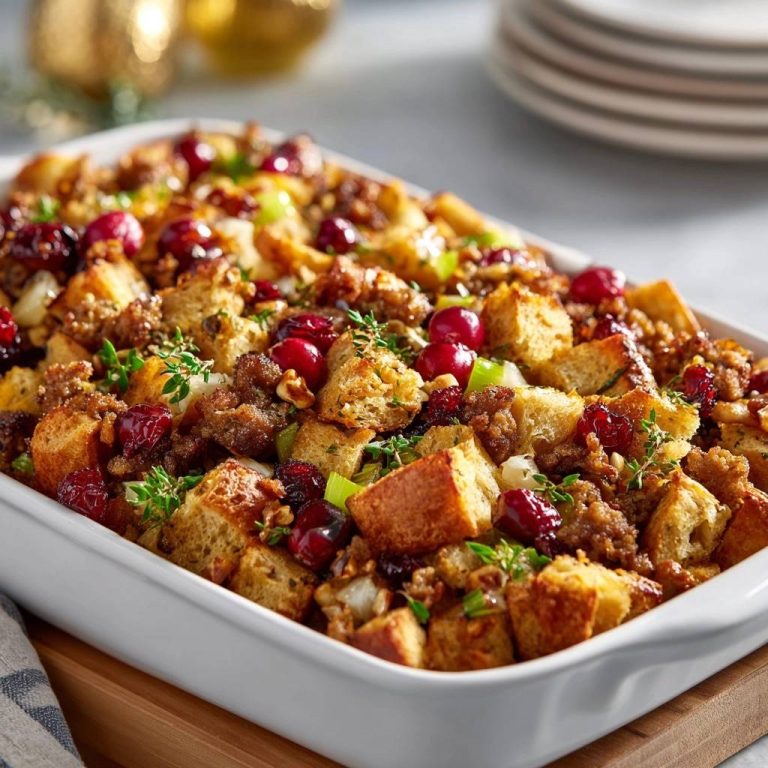 Cranberry sausage stuffing in a white baking dish, showing the rustic bread cubes and festive cranberries.