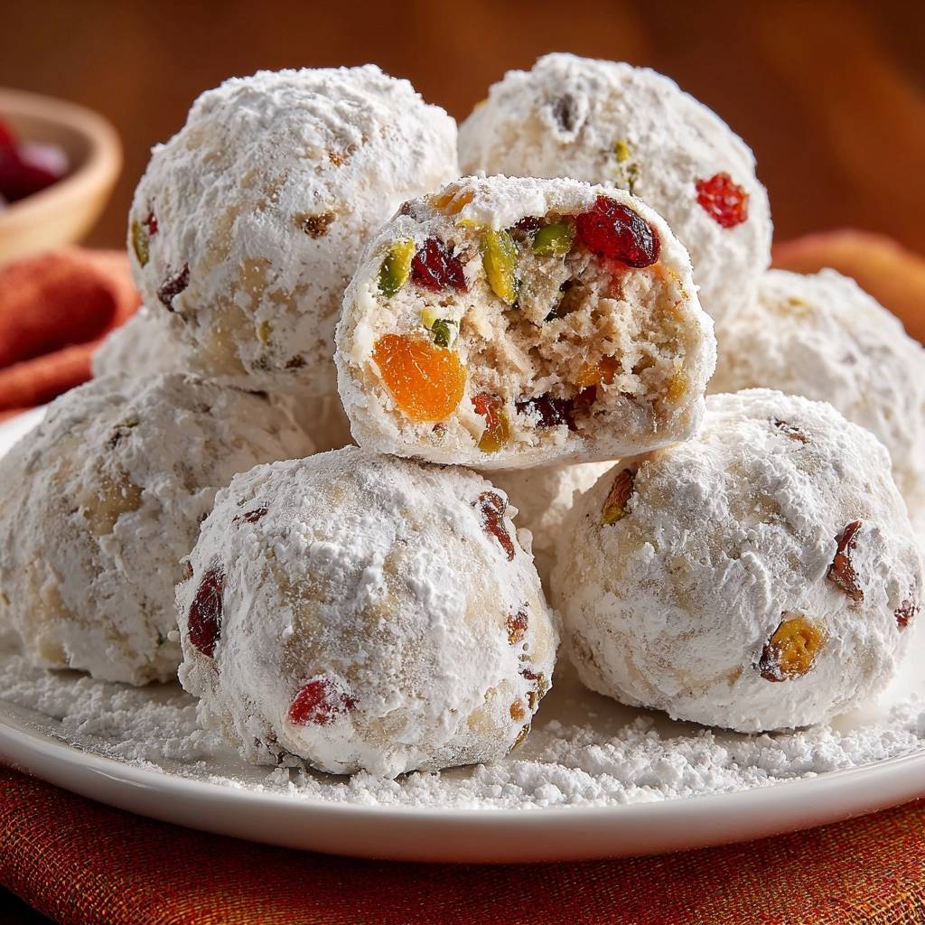 Cranberry snowball cookies with lasting snowy crust shown in a close-up cross-section revealing dried fruit and pistachios.