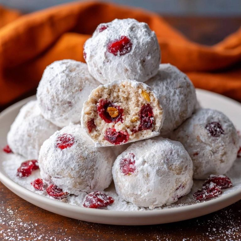 Cranberry snowball cookies with a lasting snowy crust, shown in a close-up cross-section revealing their festive interior.