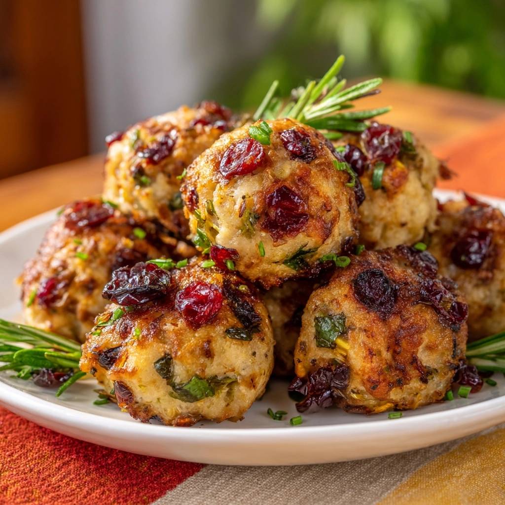 Cranberry turkey meatballs with a close-up view of fresh rosemary and chives garnish on a white plate.