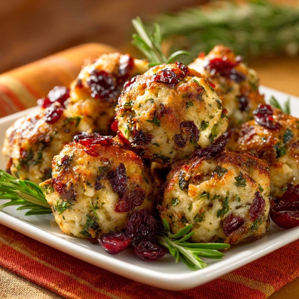 Cranberry turkey meatballs with rosemary garnish on a white plate, showcasing dried cranberries and fresh herbs.