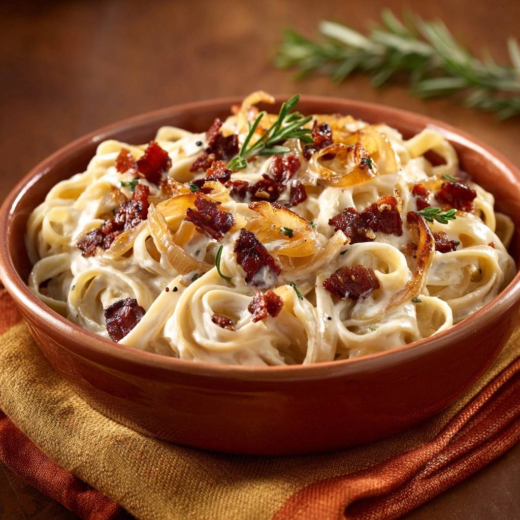 Creamy bacon onion pasta served in a rustic bowl, showcasing the rich sauce and toppings in a close-up view.