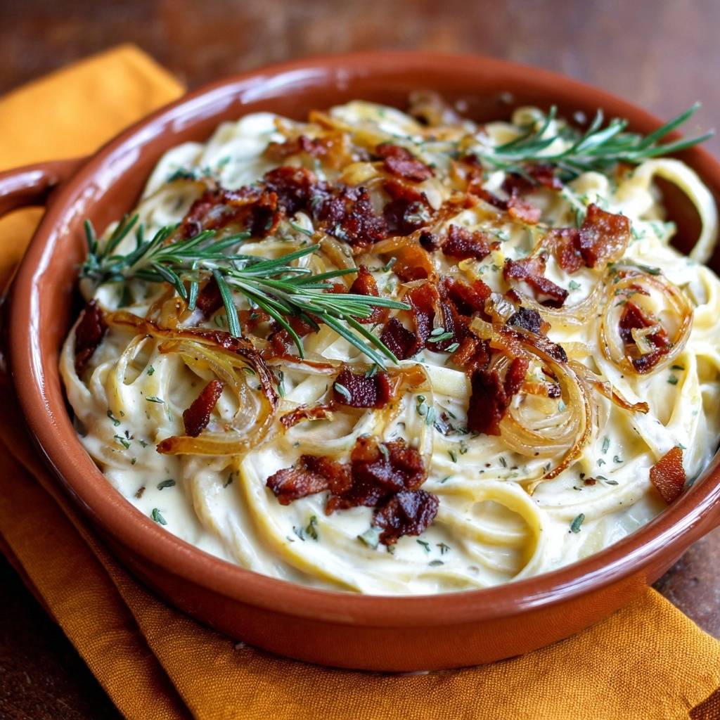 Creamy bacon onion pasta garnished with fresh rosemary and crispy bacon bits in a rustic bowl.