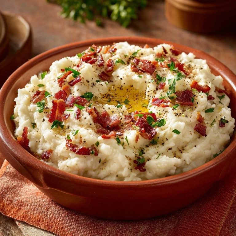 Creamy bacon parsley mashed potatoes recipe, a close-up showing the texture and toppings of the dish.
