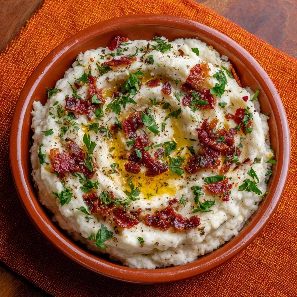 Creamy bacon parsley mashed potatoes served in a rustic bowl, topped with crumbled bacon, fresh parsley, and a drizzle of olive oil.