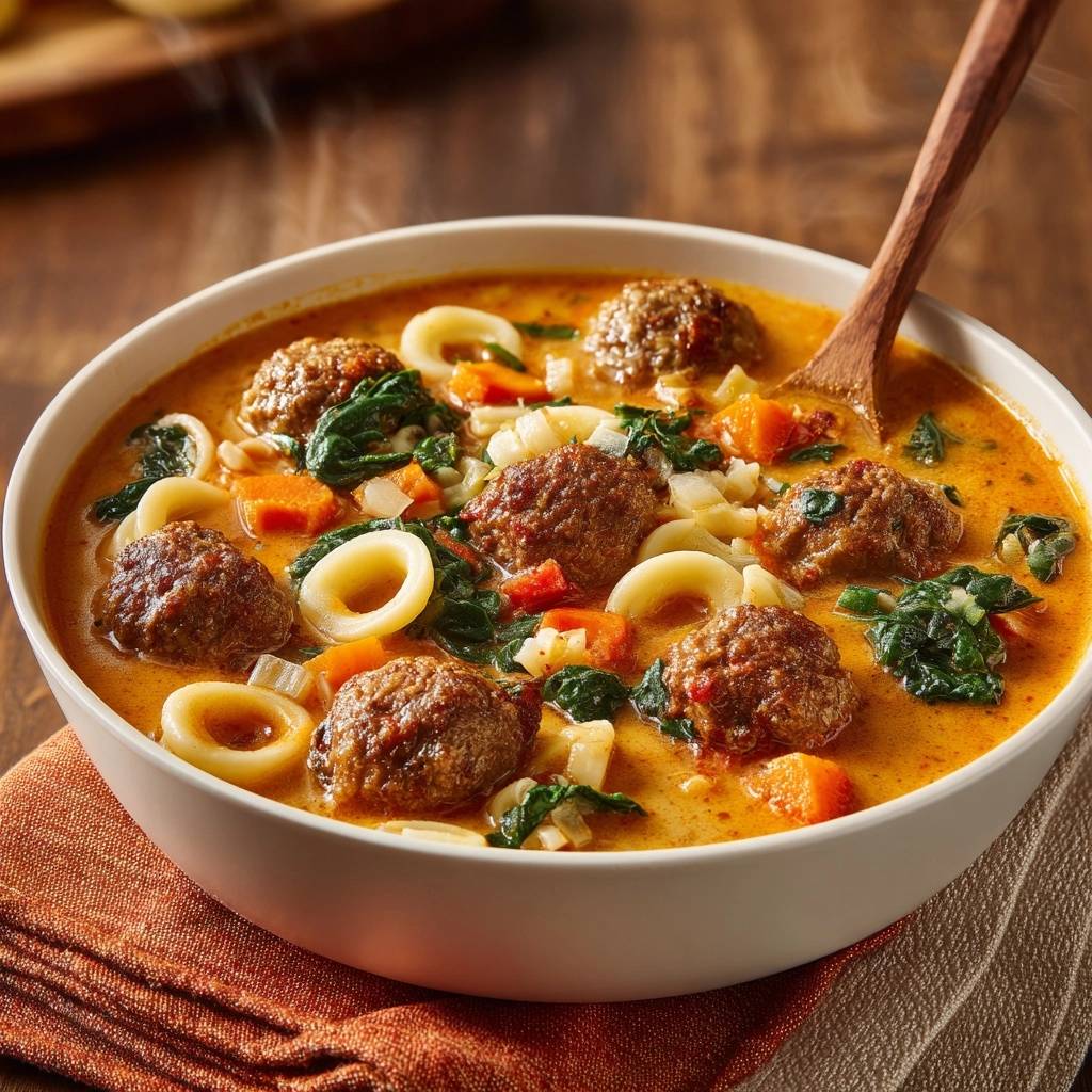 Creamy carrot meatball orecchiette soup in a white bowl, with a wooden spoon, showing meatballs and pasta.