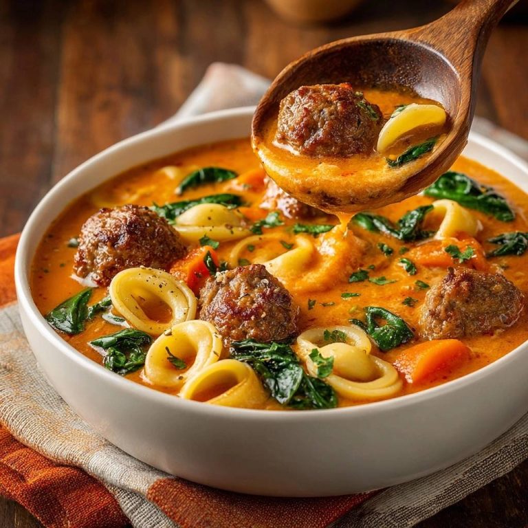 Creamy carrot meatball orecchiette soup with a wooden spoon lifting a meatball and pasta from the bowl.