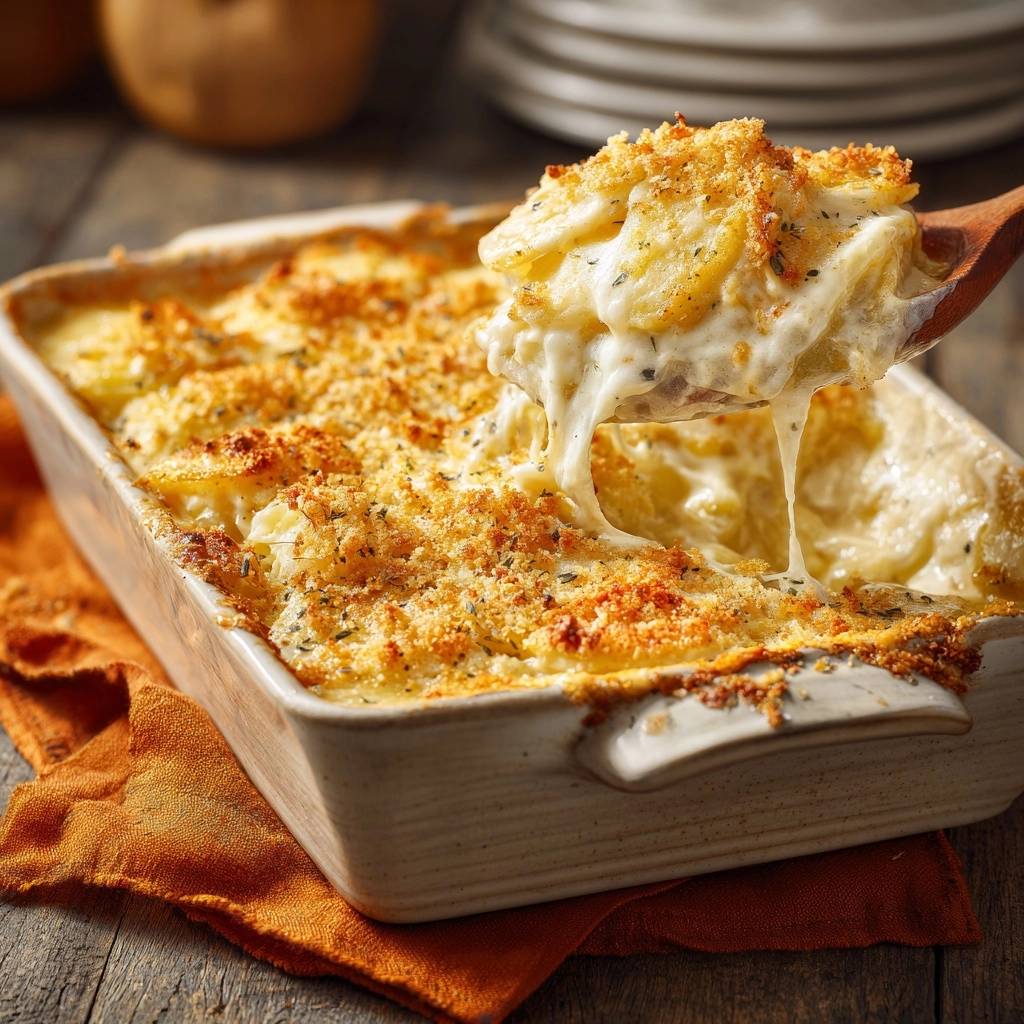 Creamy cheesy potato gratin with a scoop showing a generous cheese pull and crispy panko topping.