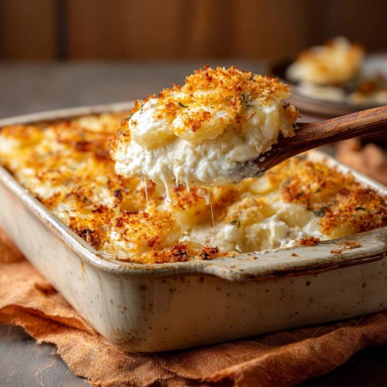 Creamy cheesy potato gratin with crispy panko crust, a spoonful showing a generous cheese pull from the baked dish.
