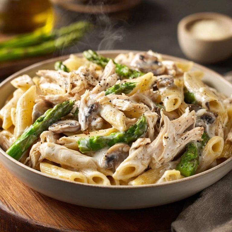 Creamy chicken asparagus penne in a steaming bowl, showcasing shredded chicken, green asparagus, and mushrooms.