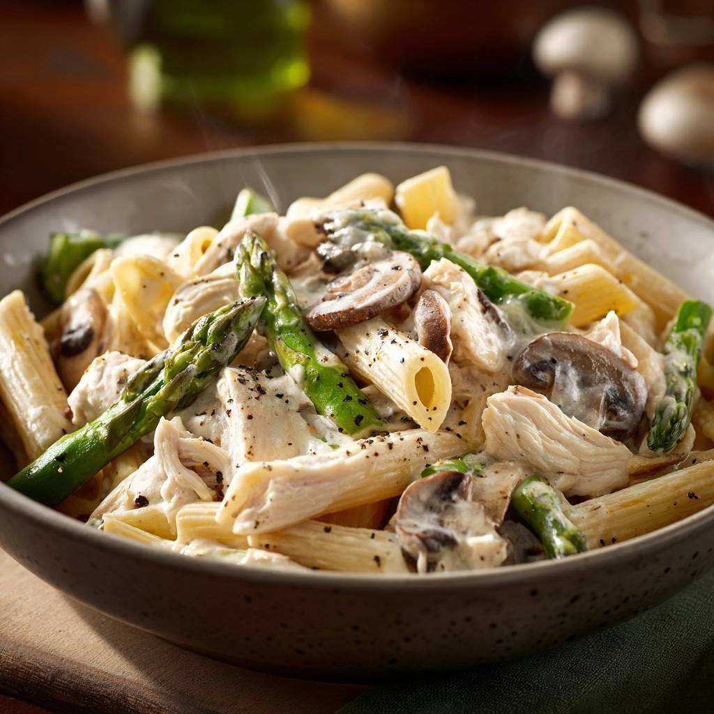 Creamy chicken asparagus penne served steaming in a rustic bowl, showcasing tender chicken, vibrant asparagus, and mushrooms in a rich sauce.