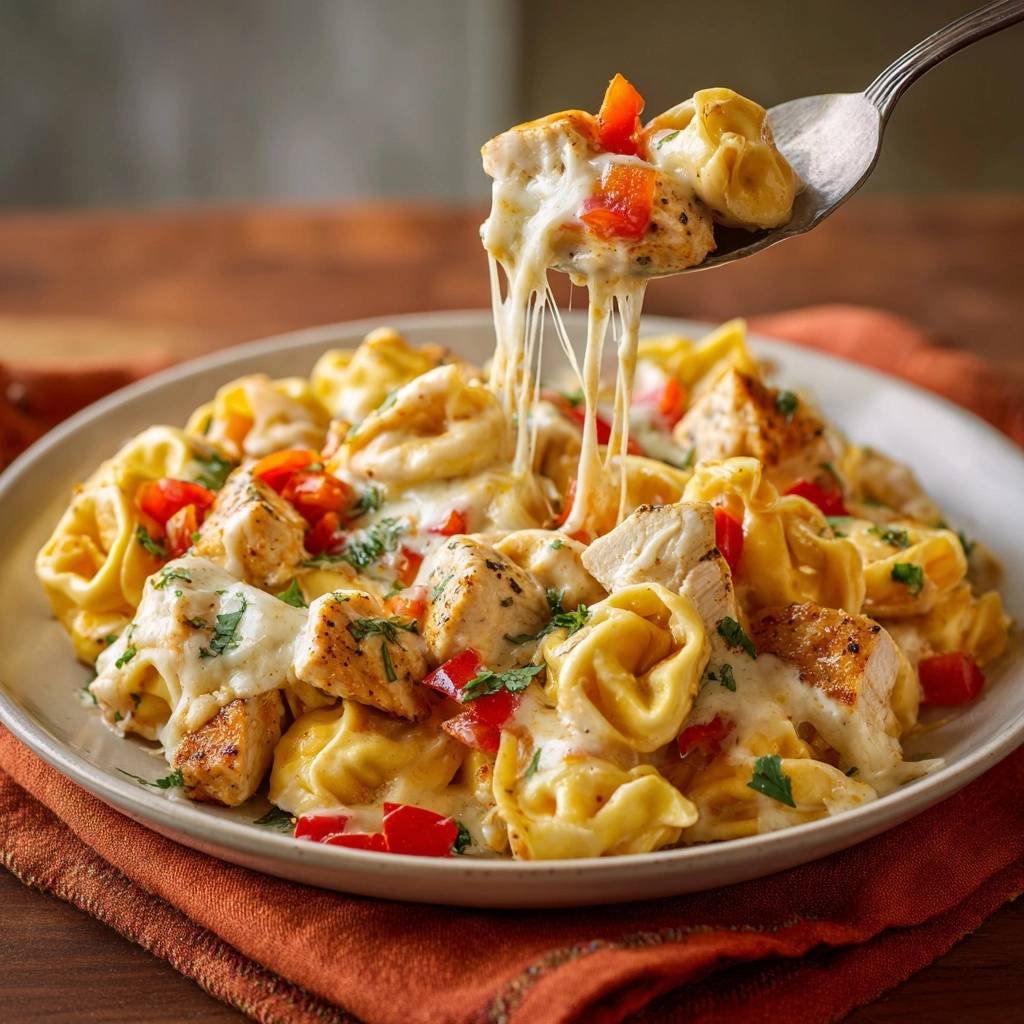 Creamy chicken cheese ravioli with a forkful of cheesy goodness showing a distinct cheese pull.