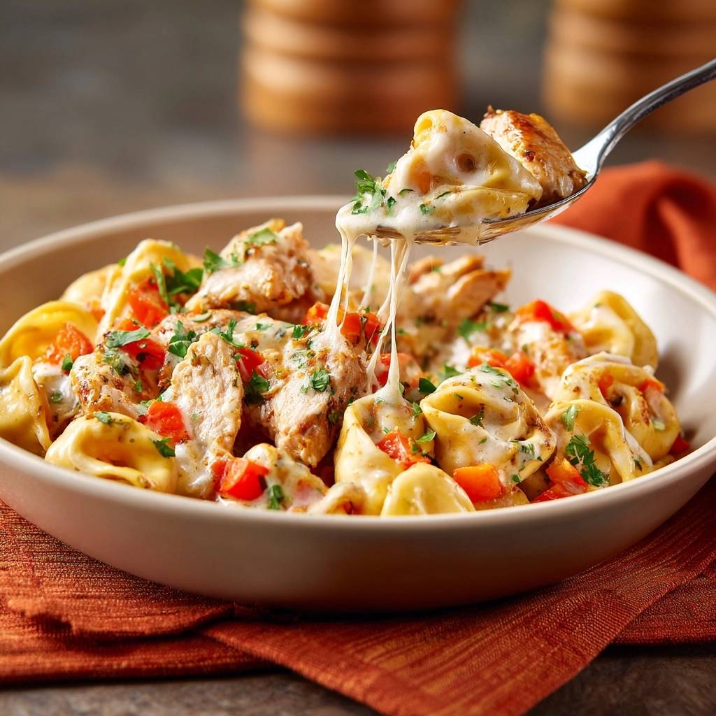 Creamy chicken cheese ravioli with silky sauce and a spoonful lifting to show melted cheese strings.