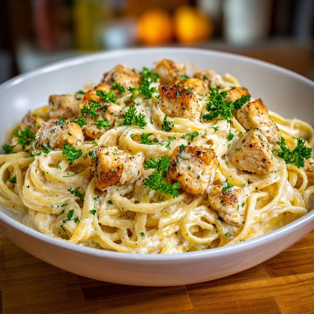 Creamy chicken fettuccine alfredo with tender, cubed chicken and fresh parsley garnish in a white bowl.