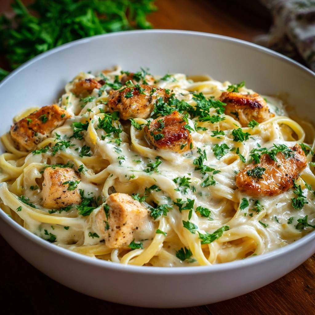 Creamy chicken fettuccine alfredo with juicy tender chicken, generously garnished with fresh parsley in a white bowl.