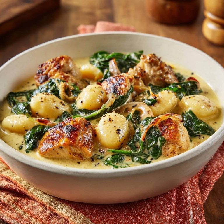 Creamy chicken spinach white bean skillet shown in a close-up view with tender chicken and soft gnocchi in a rich sauce.