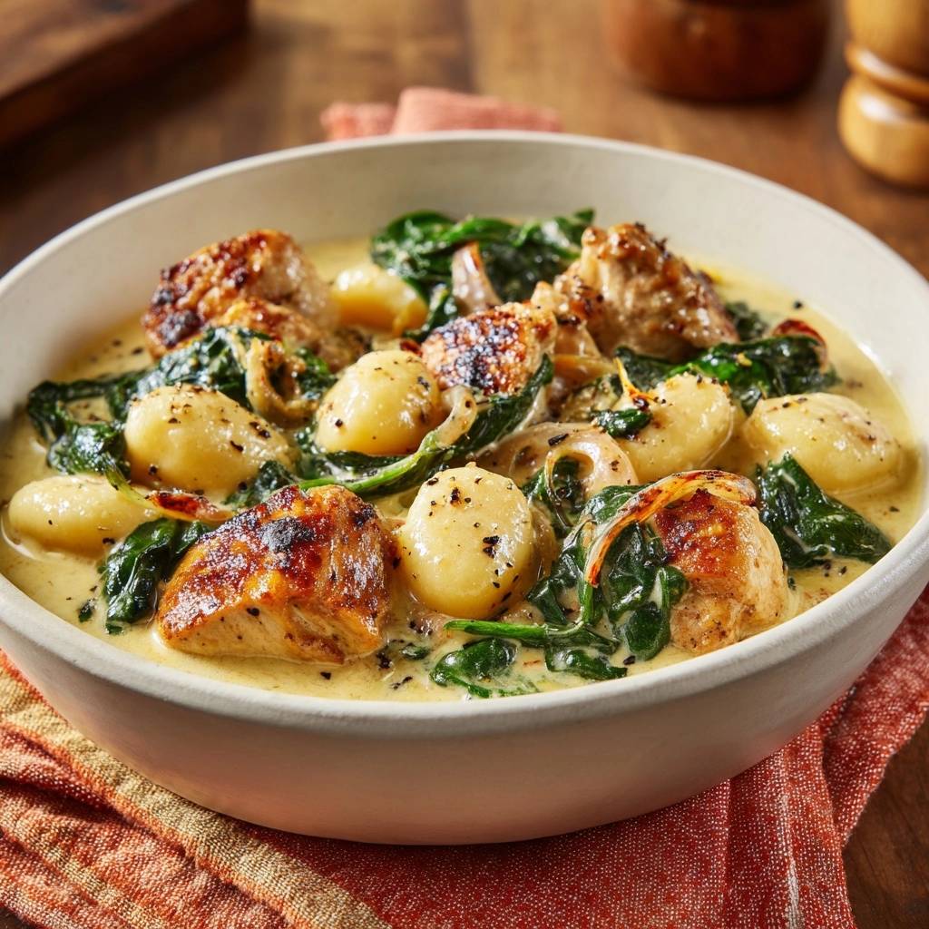 Creamy chicken spinach white bean skillet shown in a close-up view with tender chicken and soft gnocchi in a rich sauce.