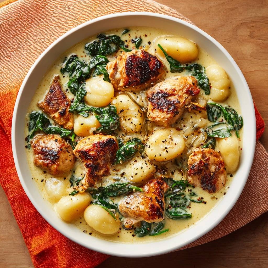 Creamy chicken spinach white bean skillet served in a white bowl in an overhead view, showcasing the hearty one-pan meal.