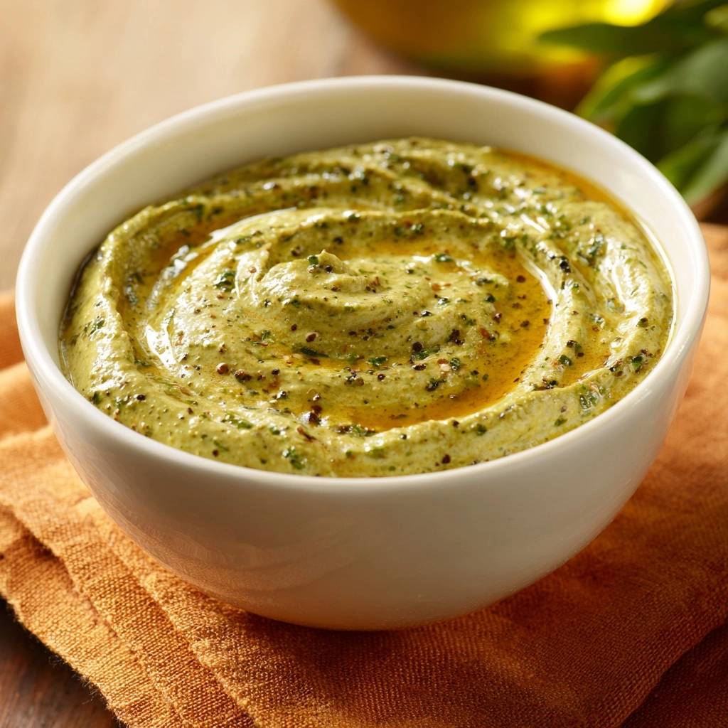Creamy cilantro sauce with a thick texture shown in a white bowl with a swirl and oil drizzle.