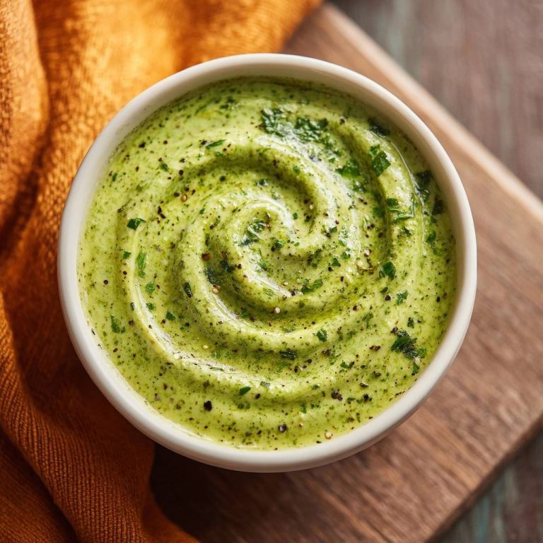 Creamy cilantro sauce with a visible swirl pattern and flecks of herbs and pepper.