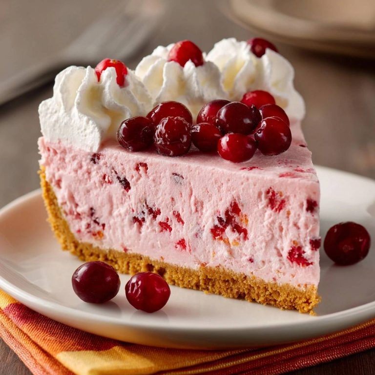 Creamy cranberry cheesecake with a firm sliceable texture, presented as a single serving on a white plate with fresh cranberries.