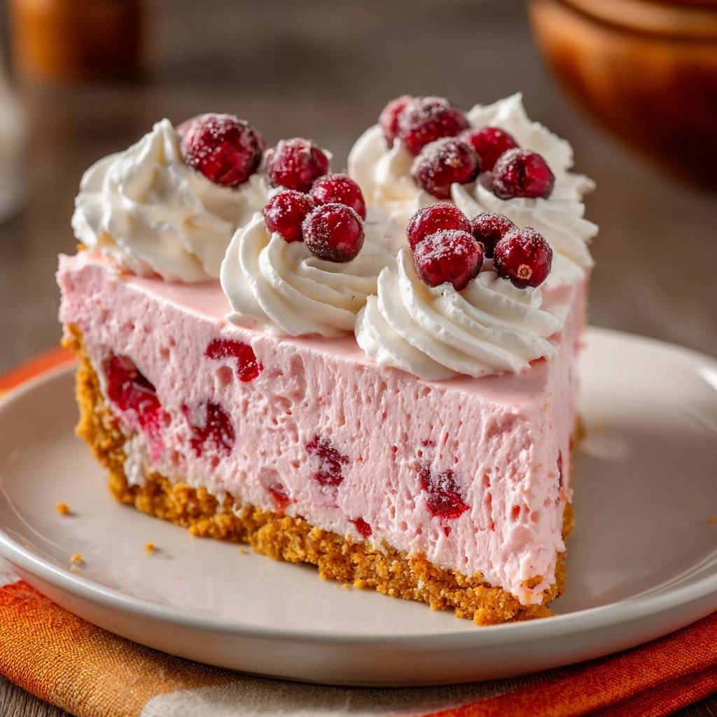 Creamy cranberry cheesecake with firm sliceable texture, shown as a close-up slice with whipped cream and cranberries.