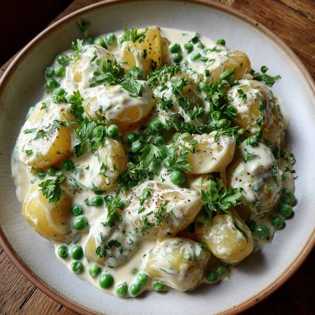 Creamy dill potato salad with peas and fresh parsley, shown in a close-up view within a rustic bowl.