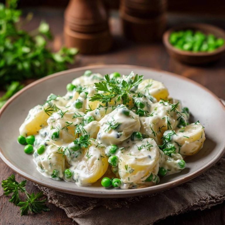 Creamy dill potato salad with peas presented in a close-up shot of a serving bowl, garnished with fresh dill and parsley.