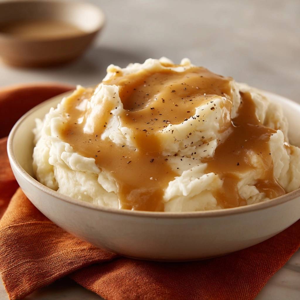 Creamy mashed potatoes with gravy, showcasing a fluffy texture and black pepper garnish in a bowl.