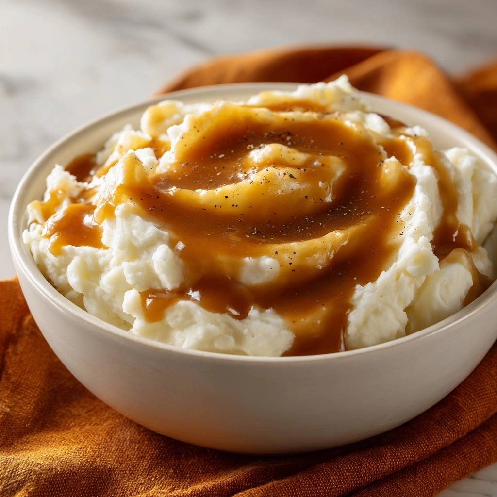 Creamy mashed potatoes with gravy in a swirl pattern, showing a close-up texture detail.