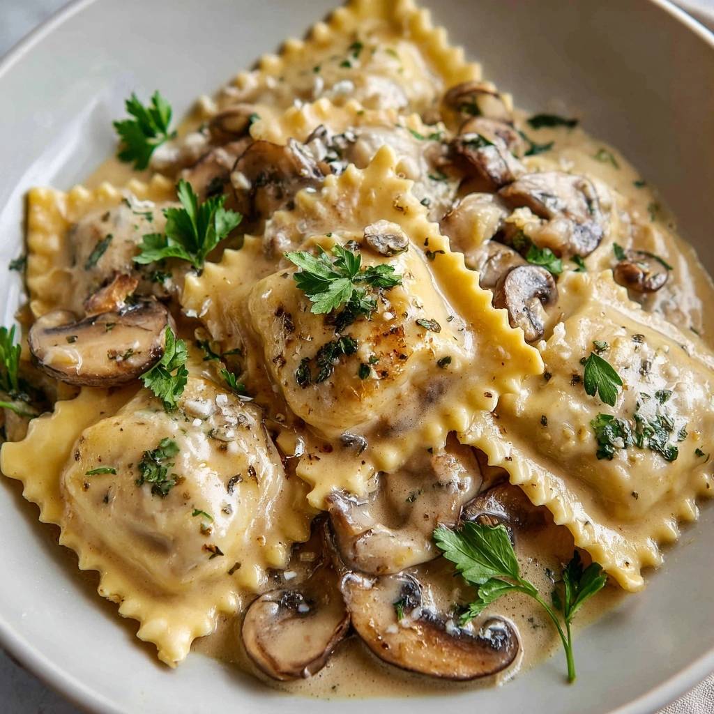 Creamy mushroom ravioli with no-watery sauce, served in a bowl and garnished with fresh parsley.